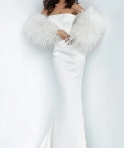 Jovani - 1226 Strapless Trumpet Dress With Feathered Sleeves