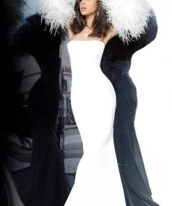 Jovani - 1226 Strapless Trumpet Dress With Feathered Sleeves