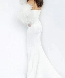 Jovani - 1226 Strapless Trumpet Dress With Feathered Sleeves