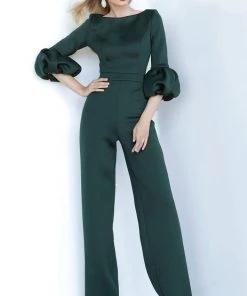 Jovani - 1227 Boat Neck Bubble Sleeved Scuba Evening Jumpsuit
