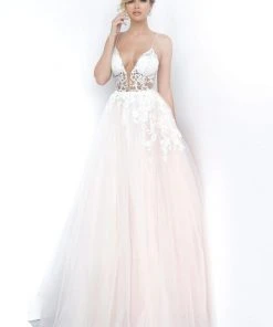 Jovani - 1310 Spaghetti Straps Sheer Embroidered Bodice Tulle Ballgown 10 Jovani - 1310 Spaghetti Straps Sheer Embroidered Bodice Tulle Ballgown