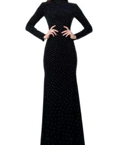 Jovani - 1459 Embellished Long Sleeve Trumpet Dress With Train
