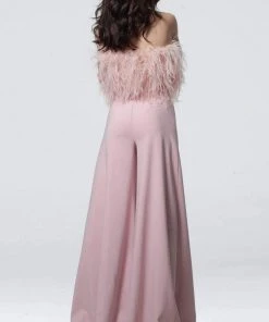 Jovani - 1542 Feathered Strapless Jumpsuit