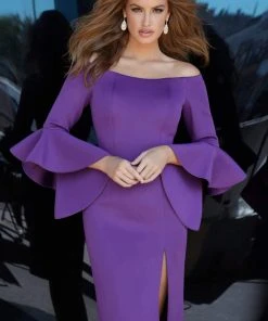 Jovani - 1587 Off Shoulder Bell Sleeve Scuba Cocktail Dress