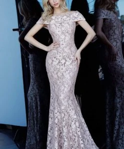 Jovani - 1814 Stretch Lace Off-Shoulder Trumpet Dress