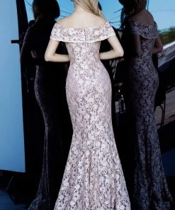 Jovani - 1814 Stretch Lace Off-Shoulder Trumpet Dress