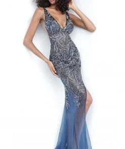Jovani - 1863 Embellished Deep V-neck Tulle Trumpet Dress