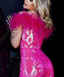 Jovani 22349 - Feathered Off Shoulder Romper