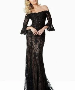 Jovani - 2240 Lace Off-Shoulder Bell Sleeve Trumpet Dress