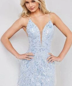 Jovani 23215 - Plunging Feather Cocktail Dress