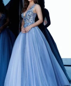 Jovani - 3110 Floral Applique Deep V-neck Tulle Ballgown