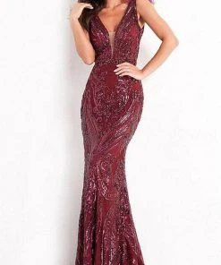 Jovani - 3180 Feathered Cap Sleeve Patterned Sequin Gown
