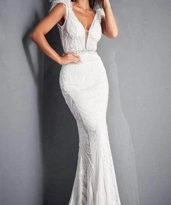 Jovani - 3180 Feathered Cap Sleeve Patterned Sequin Gown