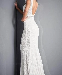 Jovani - 3180 Feathered Cap Sleeve Patterned Sequin Gown