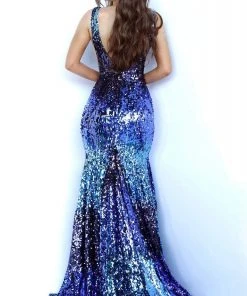 Jovani - 3192 Sequined Deep V-neck Trumpet Dress With Train