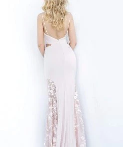 Jovani - 3770 Floral Applique Deep V-neck Sheath Dress