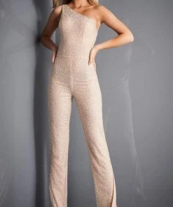 Jovani - 3816 Beaded One Shoulder Split Jumpsuit