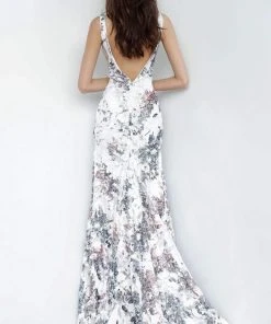 Jovani - 4074 Print Sequined Deep V-neck Trumpet Dress