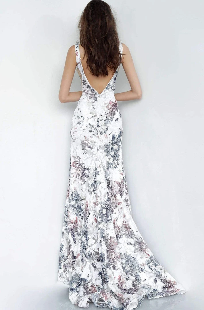 Jovani - 4074 Print Sequined Deep V-neck Trumpet Dress 4 Jovani - 4074 Print Sequined Deep V-neck Trumpet Dress
