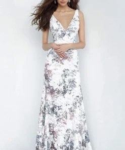 Jovani - 4074 Print Sequined Deep V-neck Trumpet Dress 7 Jovani - 4074 Print Sequined Deep V-neck Trumpet Dress