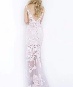 Jovani - 4084 Floral Sequin Appliqued Fitted High Low Prom Dress 14 Jovani - 4084 Floral Sequin Appliqued Fitted High Low Prom Dress