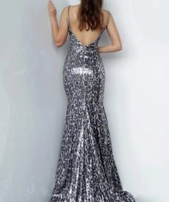 Jovani - 4087 Animal Print Deep V-neck Trumpet Dress