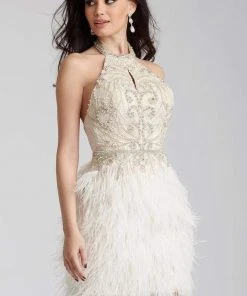Jovani - 45547 Beaded Halter Feather Fringed Cocktail Dress