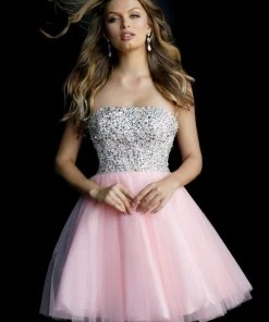 Jovani - 58470 Bead Studded Strapless Top Fit And Flare Cocktail Dress