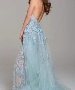 Jovani - 60124 Embellished Lace Halter V-neck Jumpsuit With Overskirt