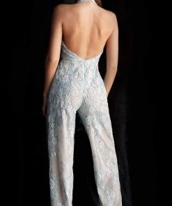 Jovani - 60124 Embellished Lace Halter V-neck Jumpsuit With Overskirt
