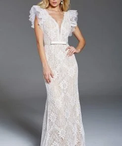 Jovani - 60314 Butterfly Sleeve Plunging Intricate Lace Gown