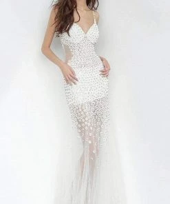 Jovani - 60695 Beaded Plunging V-neck Tulle Trumpet Dress