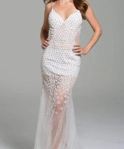 Jovani - 60695 Beaded Plunging V-neck Tulle Trumpet Dress