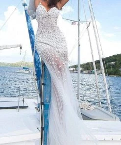 Jovani - 60695 Beaded Plunging V-neck Tulle Trumpet Dress