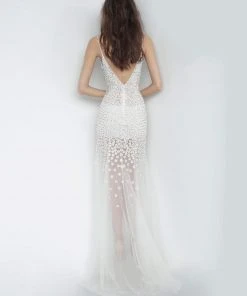 Jovani - 60695 Beaded Plunging V-neck Tulle Trumpet Dress