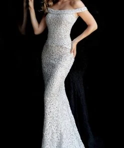 Jovani - 61357 Off Shoulder Textured Lace Long Gown