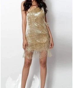 Jovani - 616841 Beaded Fringe One Shoulder Sheath Dress