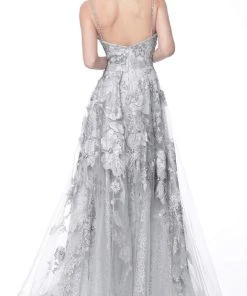 Jovani - 62405 Embroidered Plunging V-Neck A-Line Gown