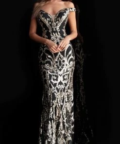Jovani - 63349 Elaborate Metallic Sequined Off Shoulder Gown