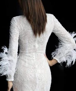 Jovani - 63351 Feathered Sleeve Fitted Cocktail Dress