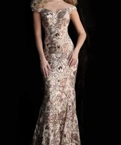 Jovani - 63516 Sequined Off Shoulder Floral Mermaid Gown