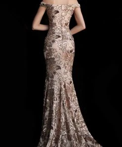 Jovani - 63516 Sequined Off Shoulder Floral Mermaid Gown