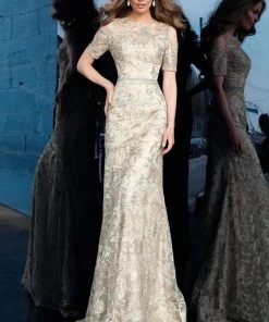 Jovani - 63649 Bead Embroidered Bateau Trumpet Dress