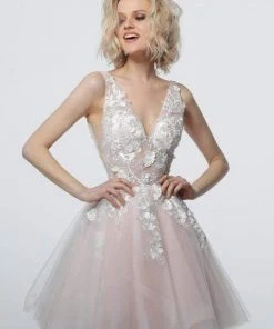 Jovani - 63987 Floral Appliqued A-Line Cocktail Dress