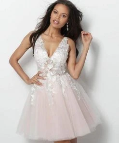 Jovani - 63987 Floral Appliqued A-Line Cocktail Dress