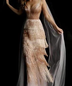 Jovani - 65346 Long Fringe Deep V-neck Tiered Sheath Dress 7 Jovani - 65346 Long Fringe Deep V-neck Tiered Sheath Dress