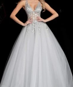 Jovani - 65379 Crystal Embellished Plunging V-neck Ballgown