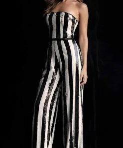 Jovani - 65397 Strapless Striped Sequined Jumpsuit