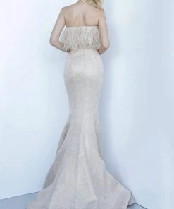 Jovani - 66240 Strapless Feathered Straight Neck Mermaid Dress
