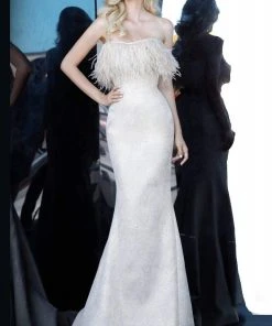 Jovani - 66240 Strapless Feathered Straight Neck Mermaid Dress